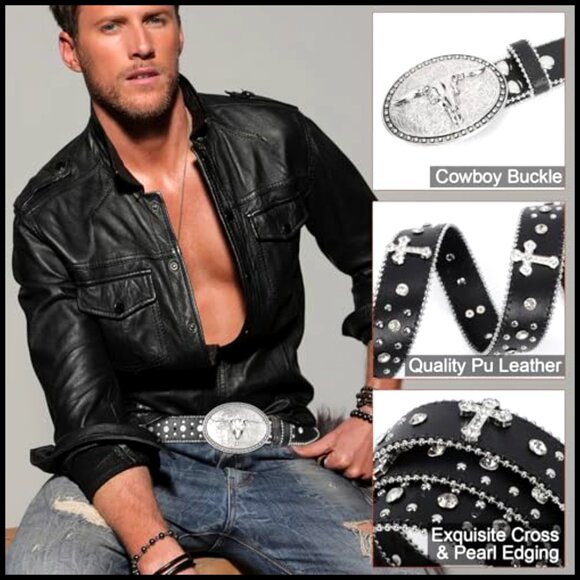 Western Punk Rock Belt with Bull Buckle PU Leather Adjustable Unisex Style main image 4